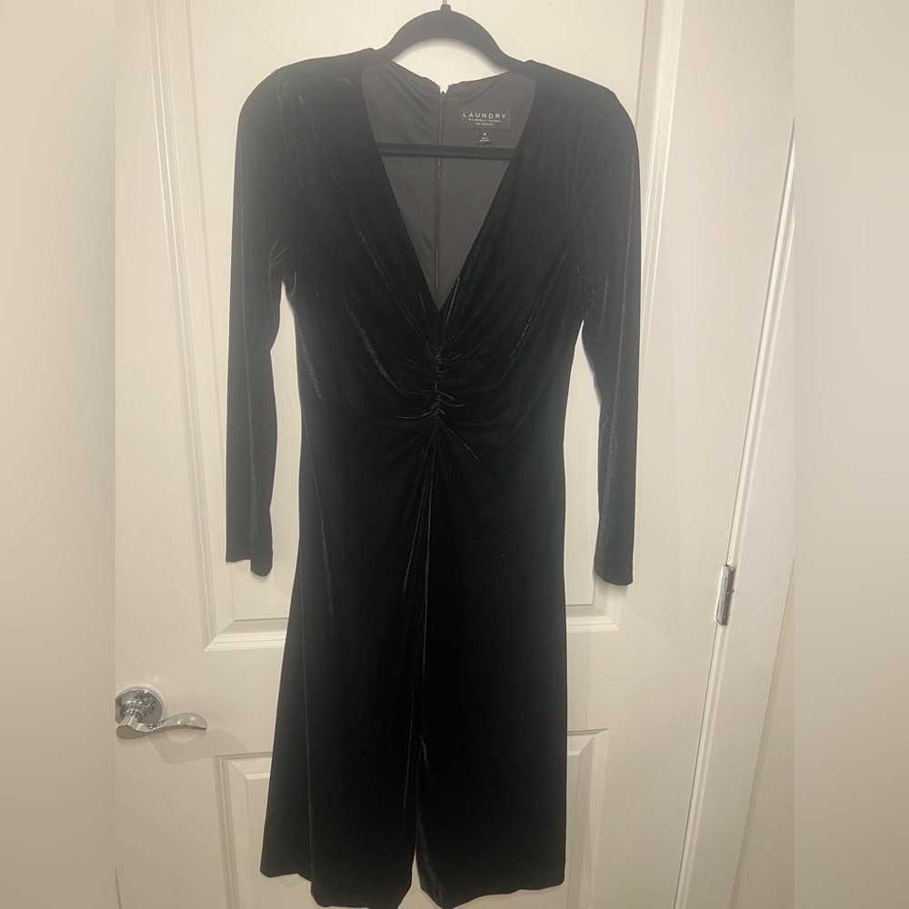 Brand: Laundry- Black velvet mid length dress deep v neck about 11 inches low V